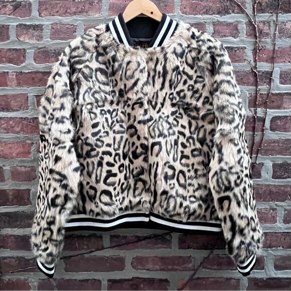 NEW Size Large Metric Units Leopard Print Real Rabbit Fur Bomber Track Jacket - Picture 1 of 8